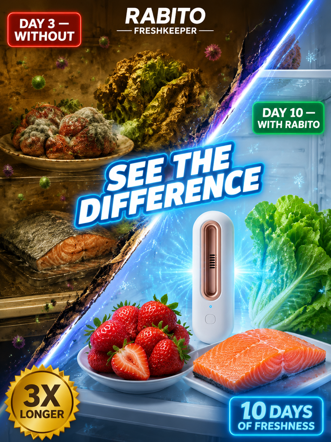 🚀 Active Oxygen Deodorizer: 1 click to double freshness, No more smelly fridge!