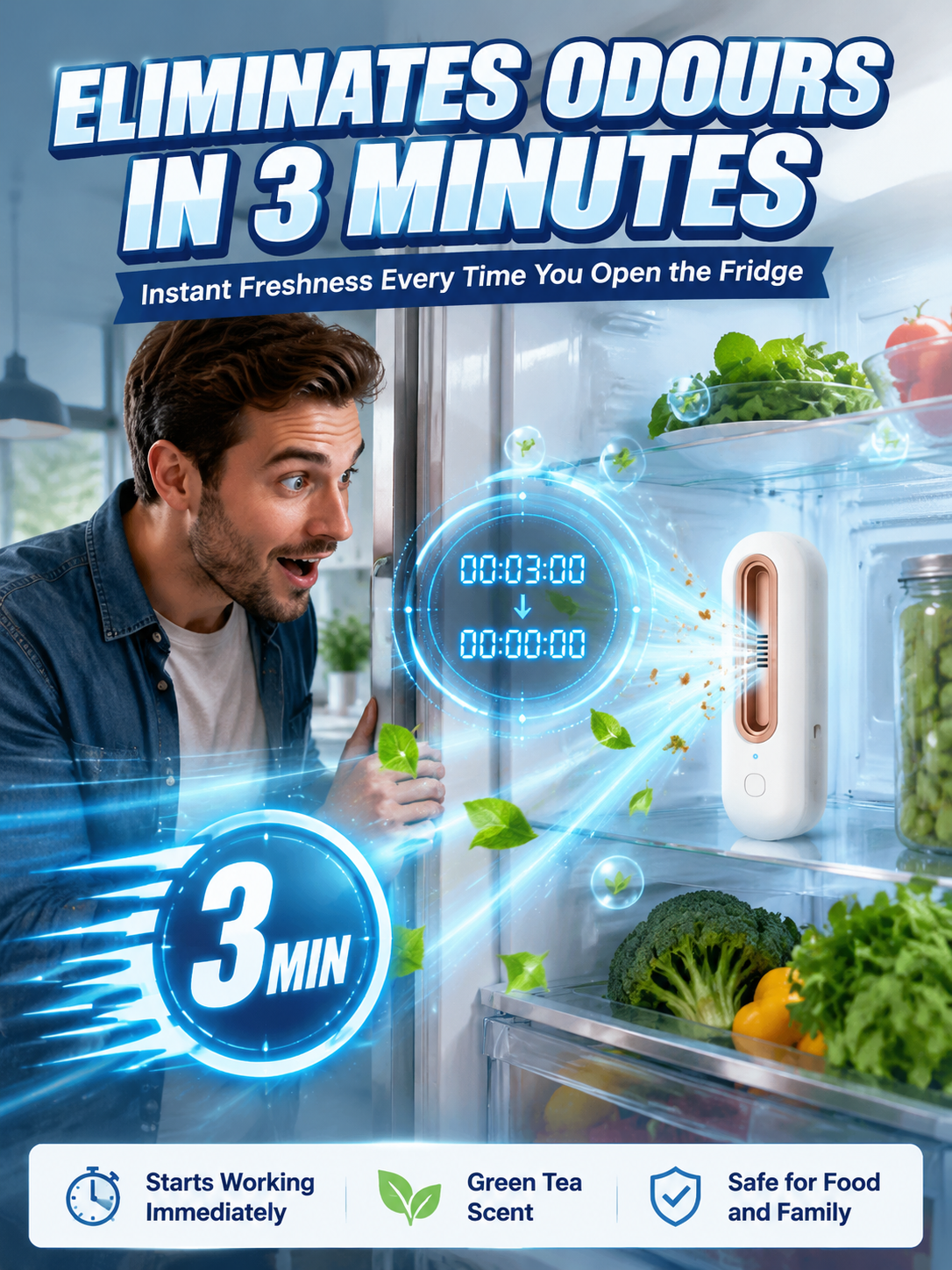 🚀 Active Oxygen Deodorizer: 1 click to double freshness, No more smelly fridge!