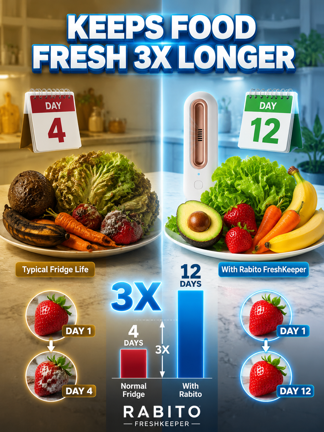 🚀 Active Oxygen Deodorizer: 1 click to double freshness, No more smelly fridge!