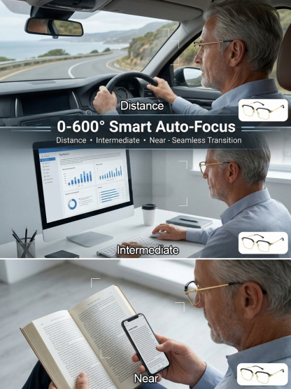 💎【Say Goodbye to Expensive Treatment Costs】Intelligent Zoom Progressive Lenses | Auto-focus for Myopia and Hyperopia | Four-in-one function, including sunglasses and blue light filtering lenses