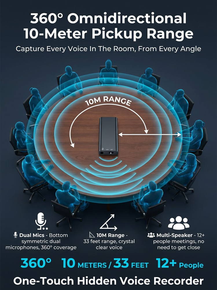 [300-hour battery life] One-click hidden voice recorder