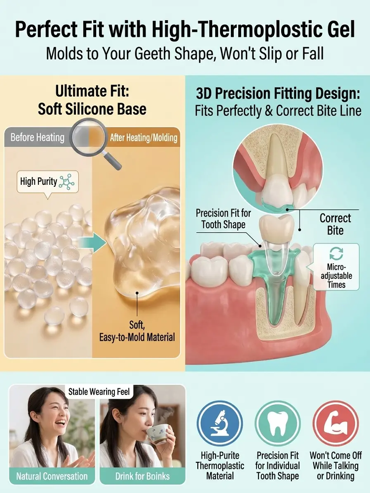 🔬 Obtenez instantanément un « sourire hollywoodien » parfait en une seule seconde ! Dites adieu aux implants dentaires coûteux et douloureux. Moulées à l'eau chaude pour un ajustement sur mesure — confortables et faciles à porter, même pour les personnes