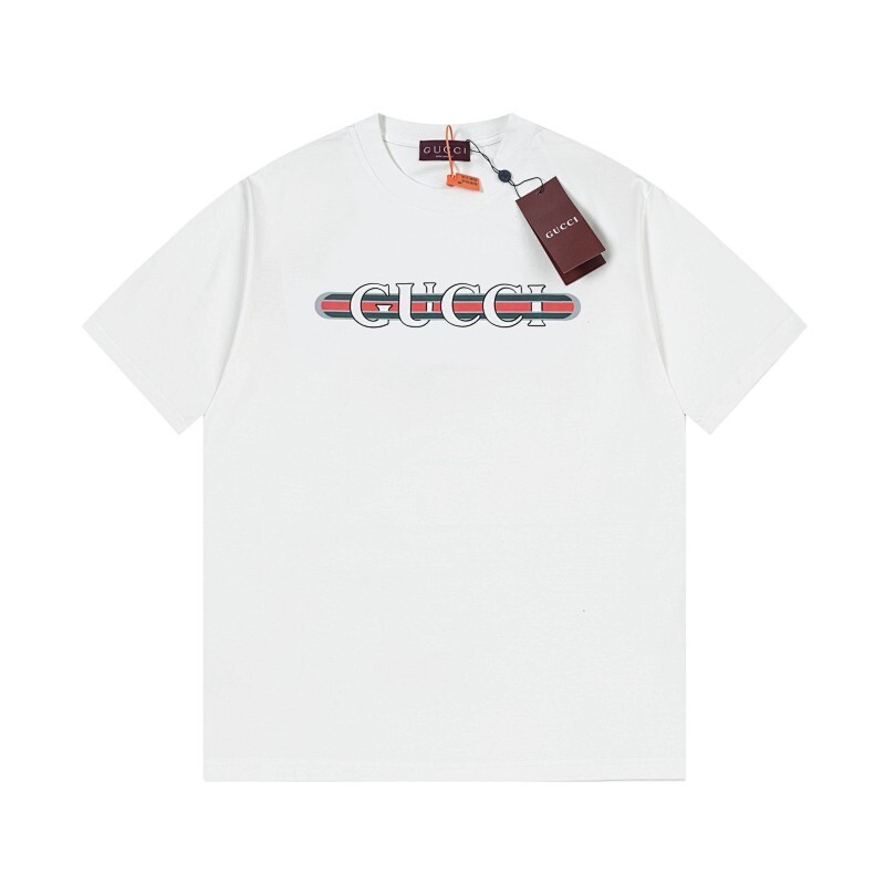 GUCCI ホワイトコットンプリントクルーネックTシャツ