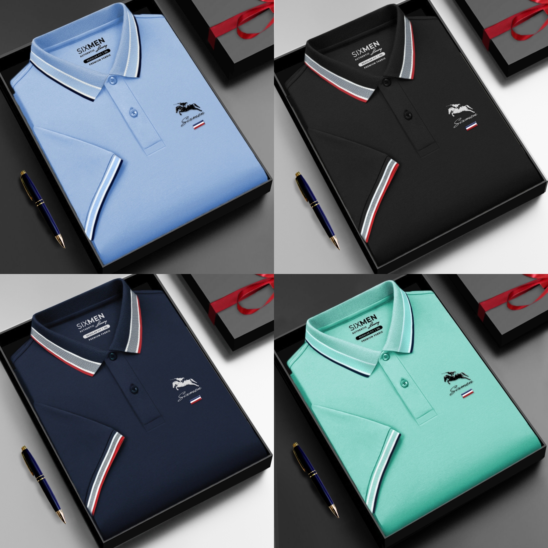 Executive Sports Polo Collection – Pack of 4 (Sky Blue | Black | Navy | Aqua Green)