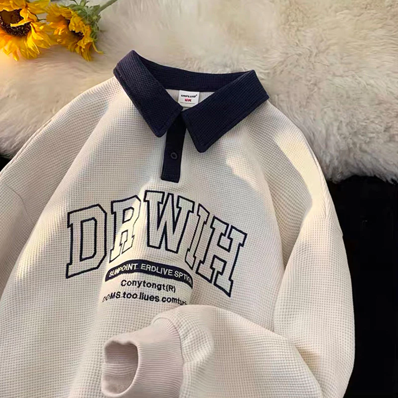 collar embroidery waffle T-shirt long sleeve