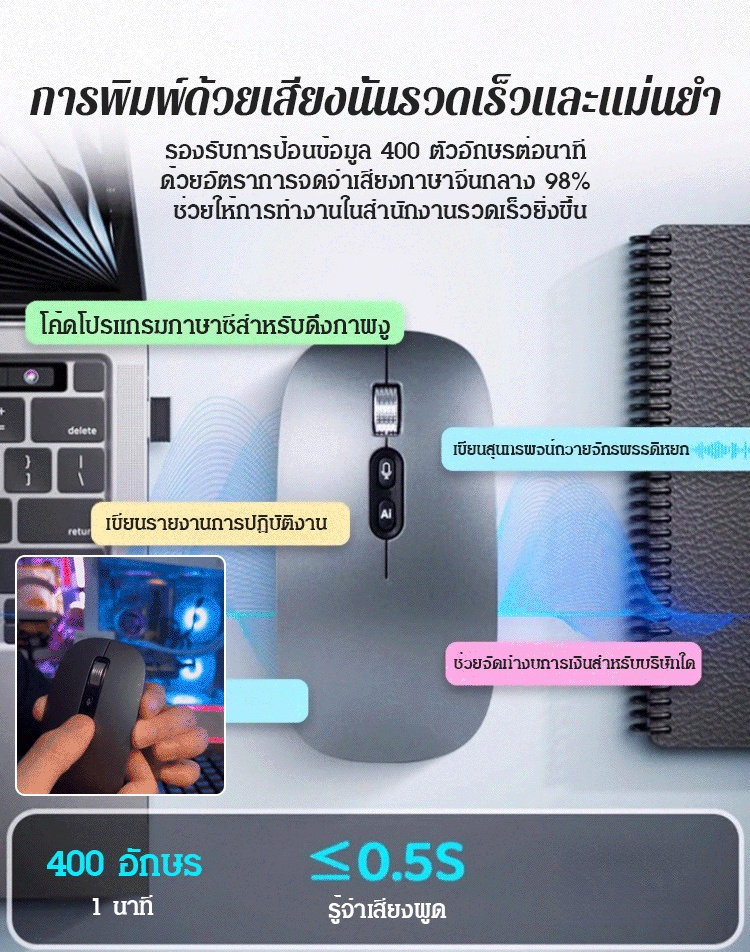 【แปลงเสียงเป็นข้อความและแปลหลายภาษา】เมาส์ไร้สาย