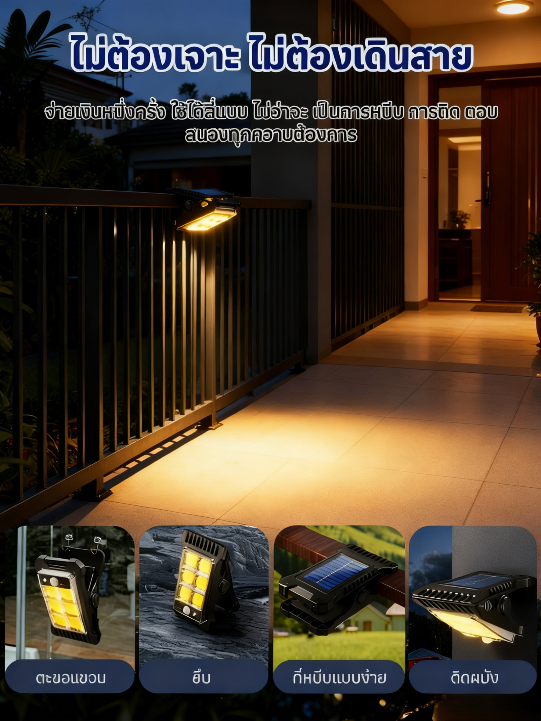 【ใช้พลังงานแสงอาทิตย์ ไร้ค่าไฟฟ้า】ไฟหนีบพลังงานแสงอาทิตย์ 