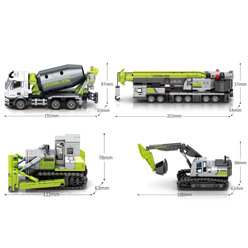 SB Construction Vehicles Building Block Sets – Crane, Bulldozer, Excavator, and Cement Mixer