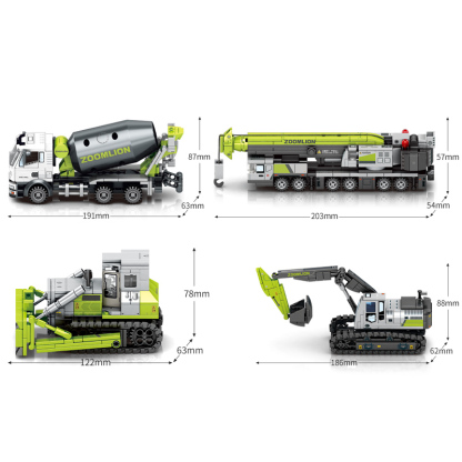 SB Construction Vehicles Building Block Sets – Crane, Bulldozer, Excavator, and Cement Mixer