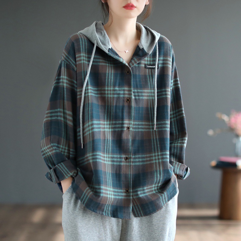 얇은 체크 기모 후드 셔츠