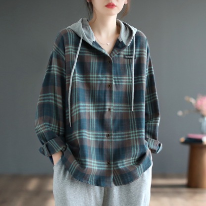얇은 체크 기모 후드 셔츠
