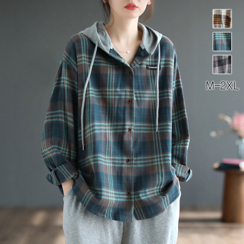 얇은 체크 기모 후드 셔츠