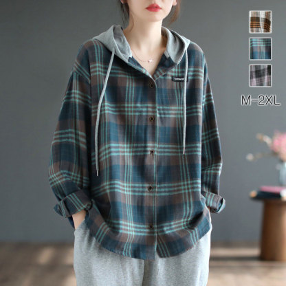 얇은 체크 기모 후드 셔츠