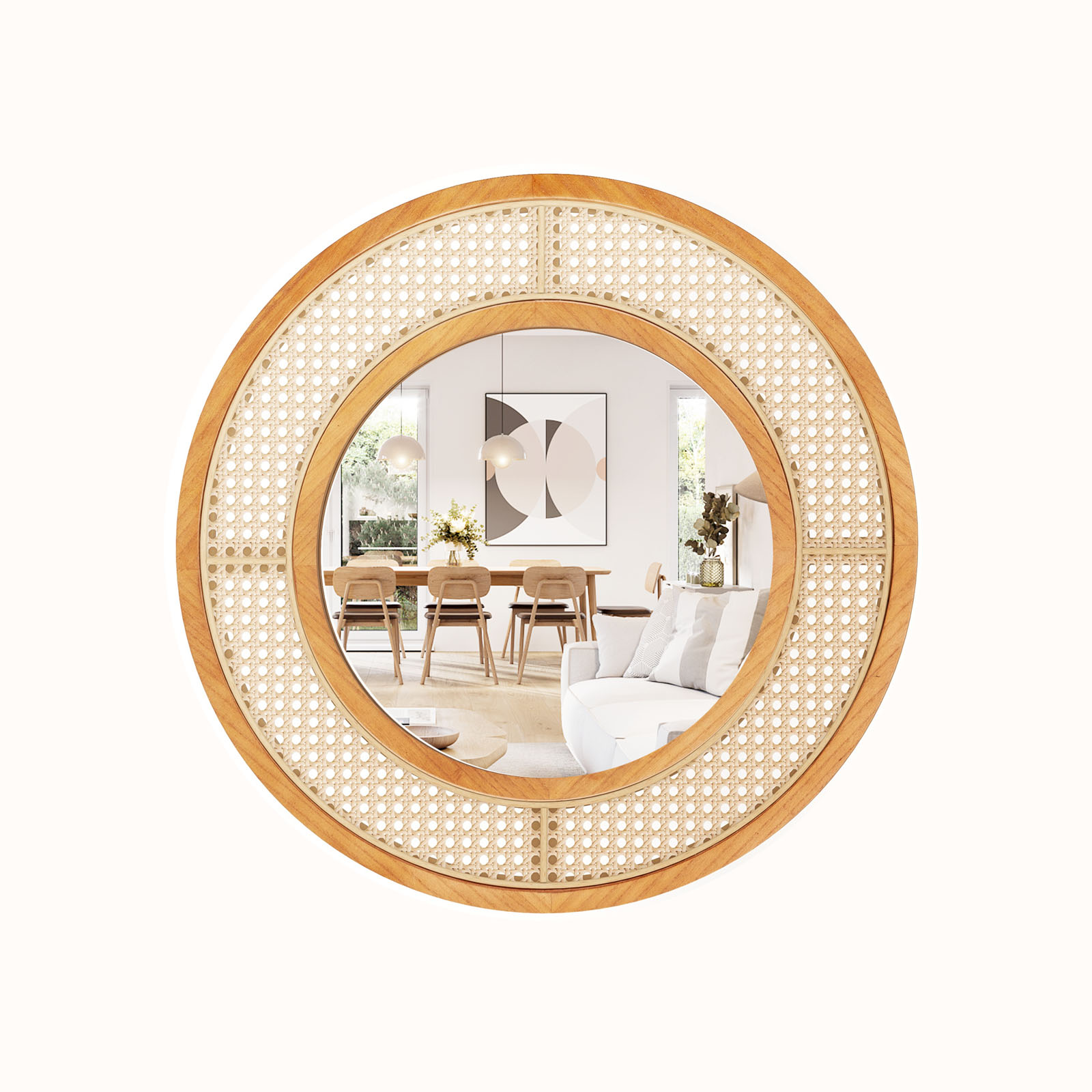 Ellegnt 65cm Rattan Round Wall Mirror with Aluminum Glass Metal Hook and Expansion Screws