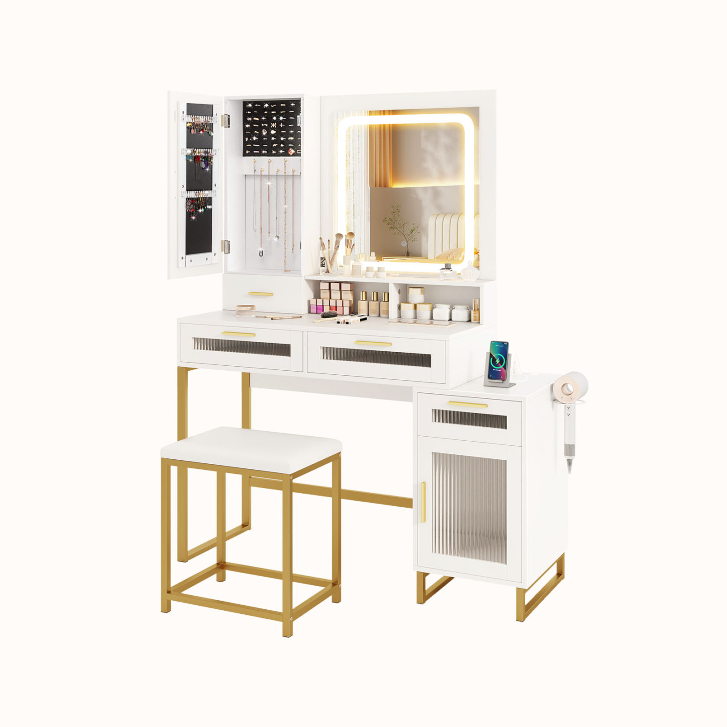 Ellegnt Dressing Table/ Makeup Vanity Desk with Lighted Mirror with Charging Station and 3-Color LED Lights