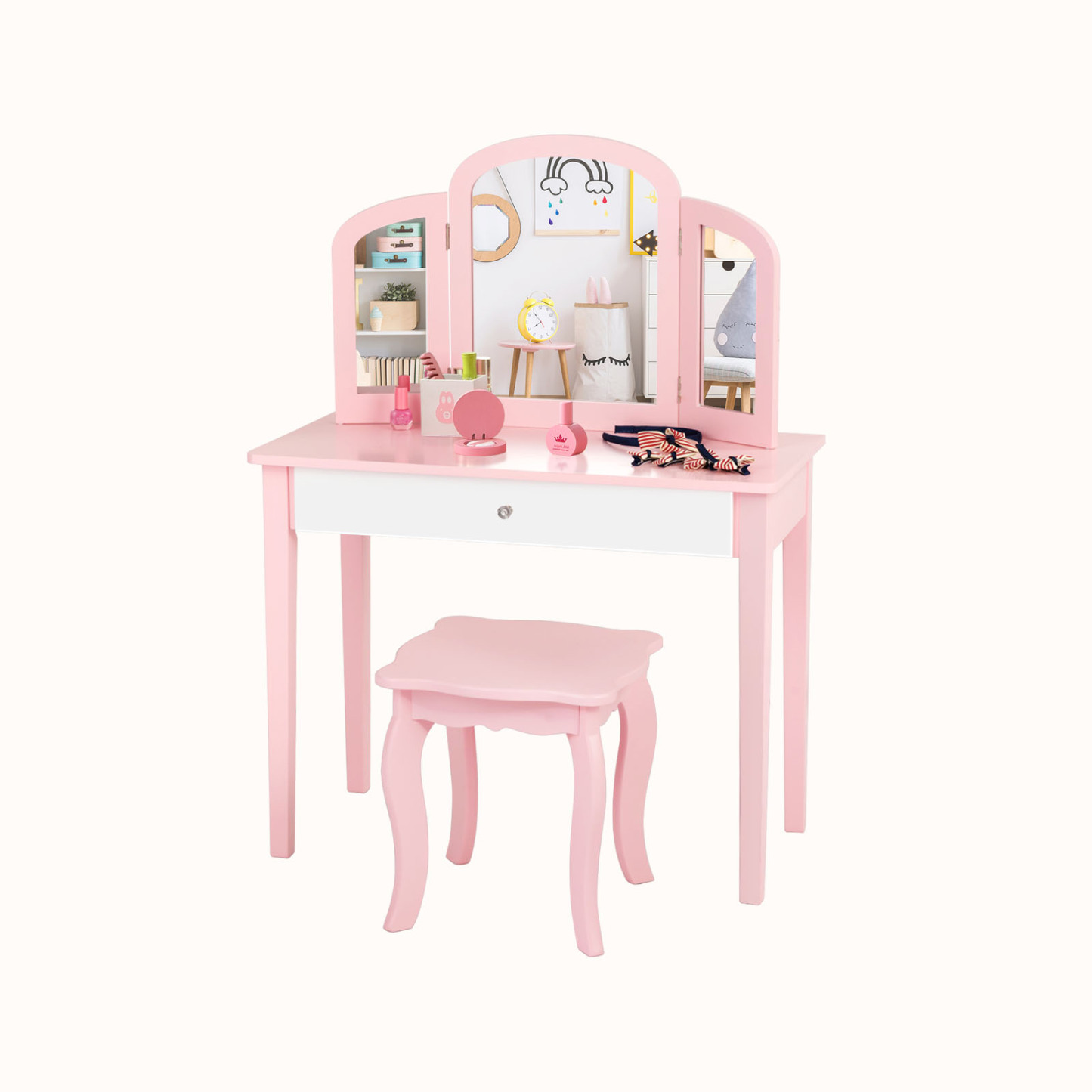 Ellegnt Kids Dressing Table/ Makeup Vanity Stool Set with Tri-folding Mirror for Bedroom