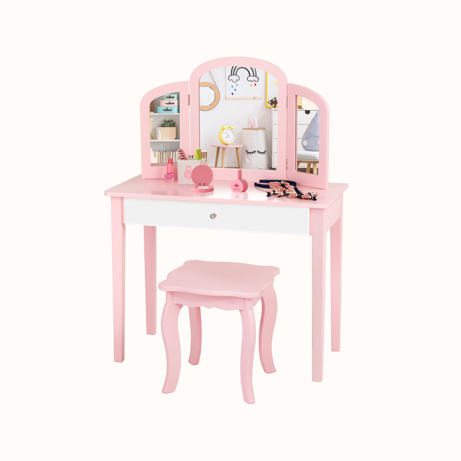Ellegnt Kids Dressing Table/ Makeup Vanity Stool Set with Tri-folding Mirror for Bedroom