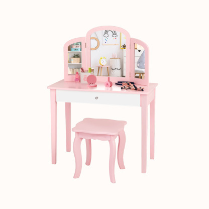 Ellegnt Kids Dressing Table/ Makeup Vanity Stool Set with Tri-folding Mirror for Bedroom