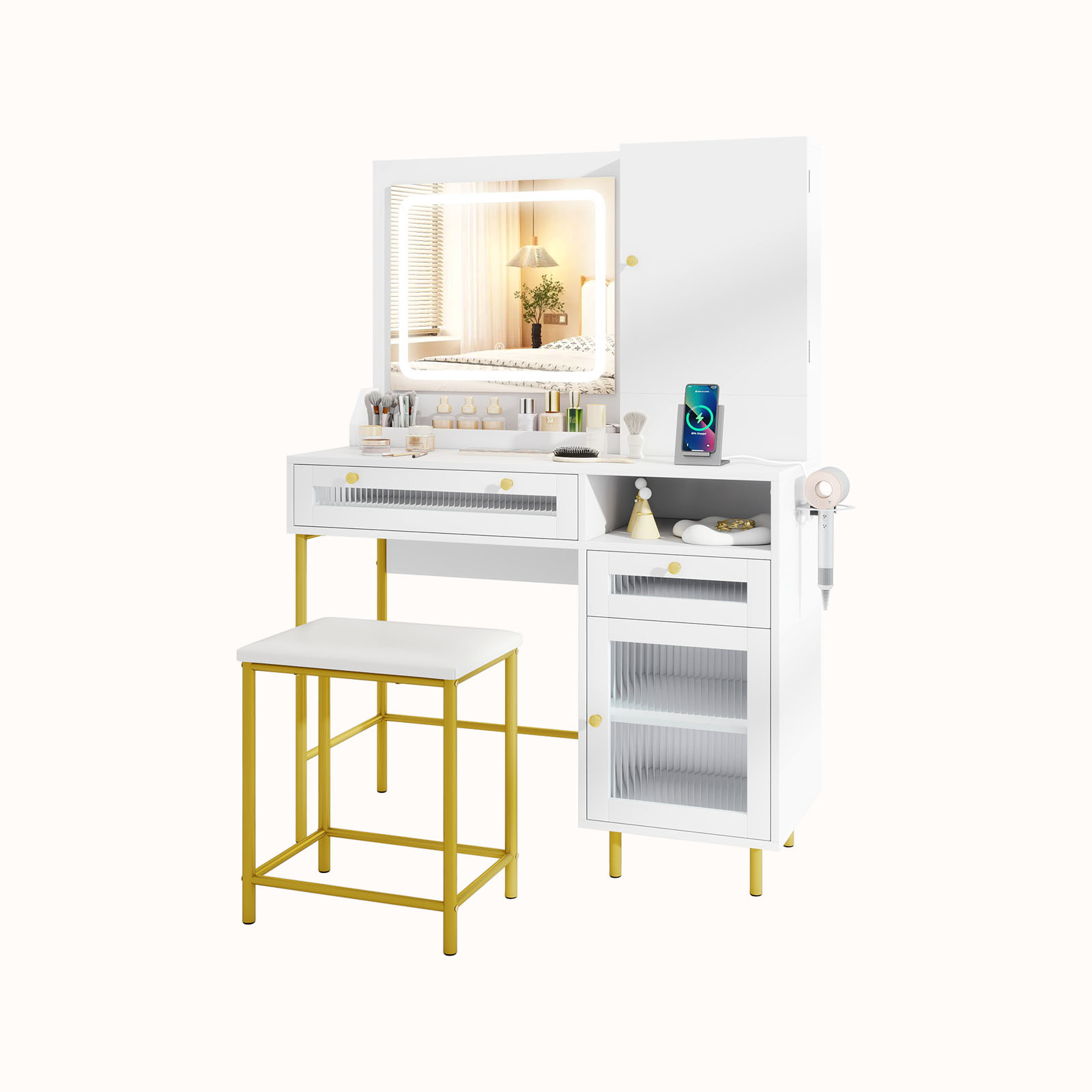 Ellegnt Modern Dressing Table and Stool Set with Mirror and Lights