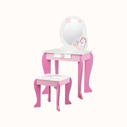 Ellegnt Kids Dressing Table/ Vanity and Chair Set with Mirror and Stool TOP 50 Bonus Trinkets Set