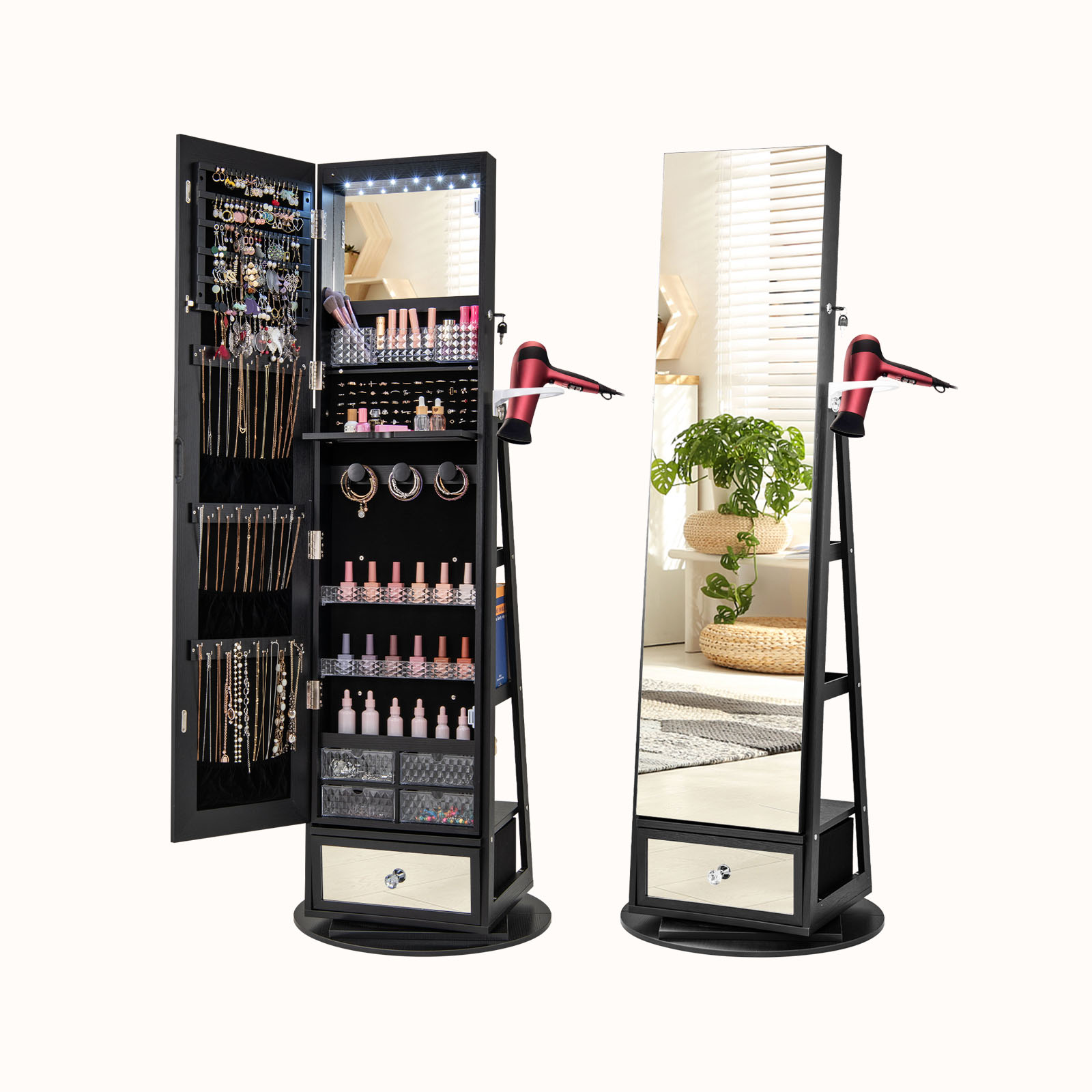 Ellegnt 360° Swivel Jewelry Cabinet with Full-Length Mirror, Lockable Jewelry Armoire, Freestanding Jewelry Organizer