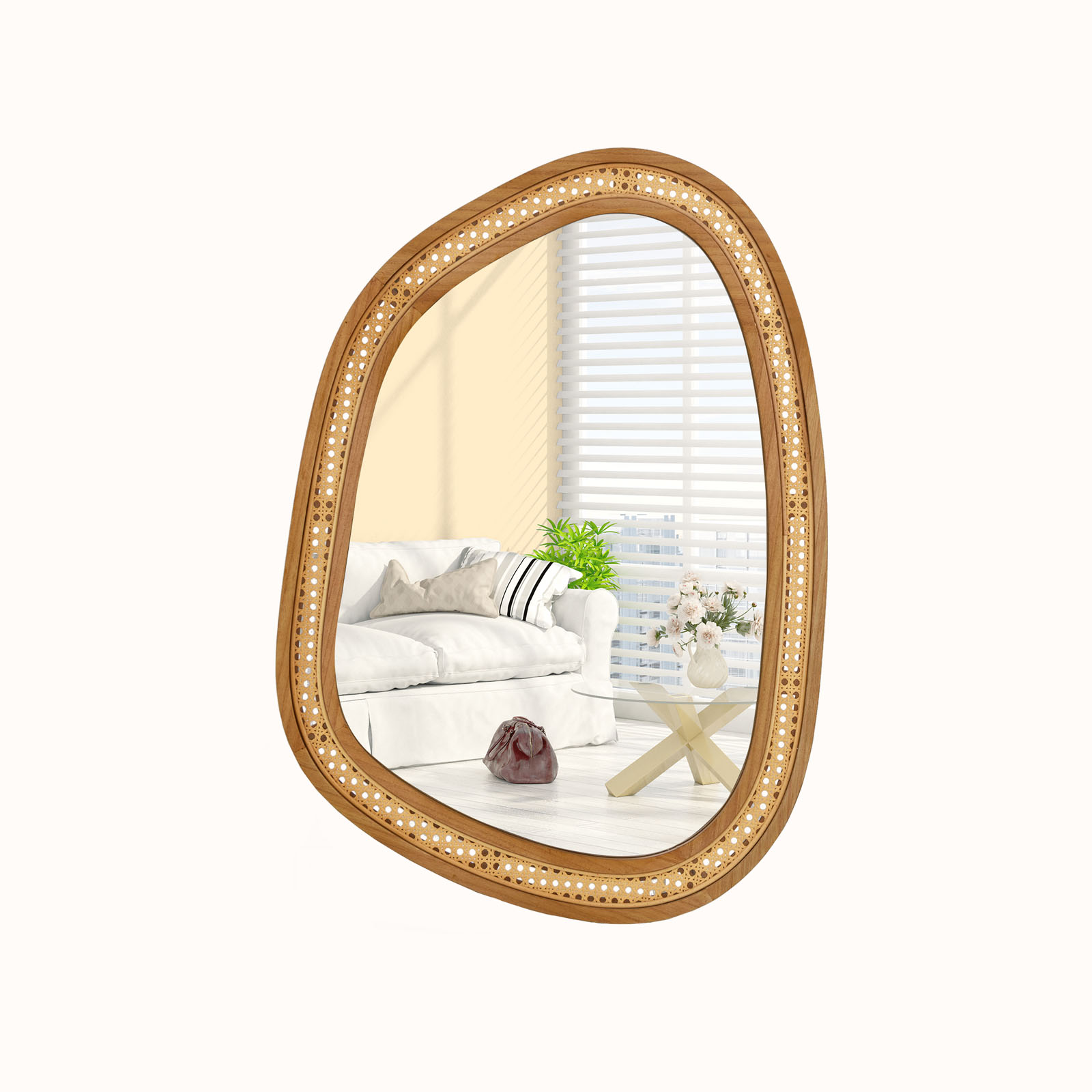 Ellegnt Irregular PVC Rattan Wall Decorative Mirror with Wooden Frame