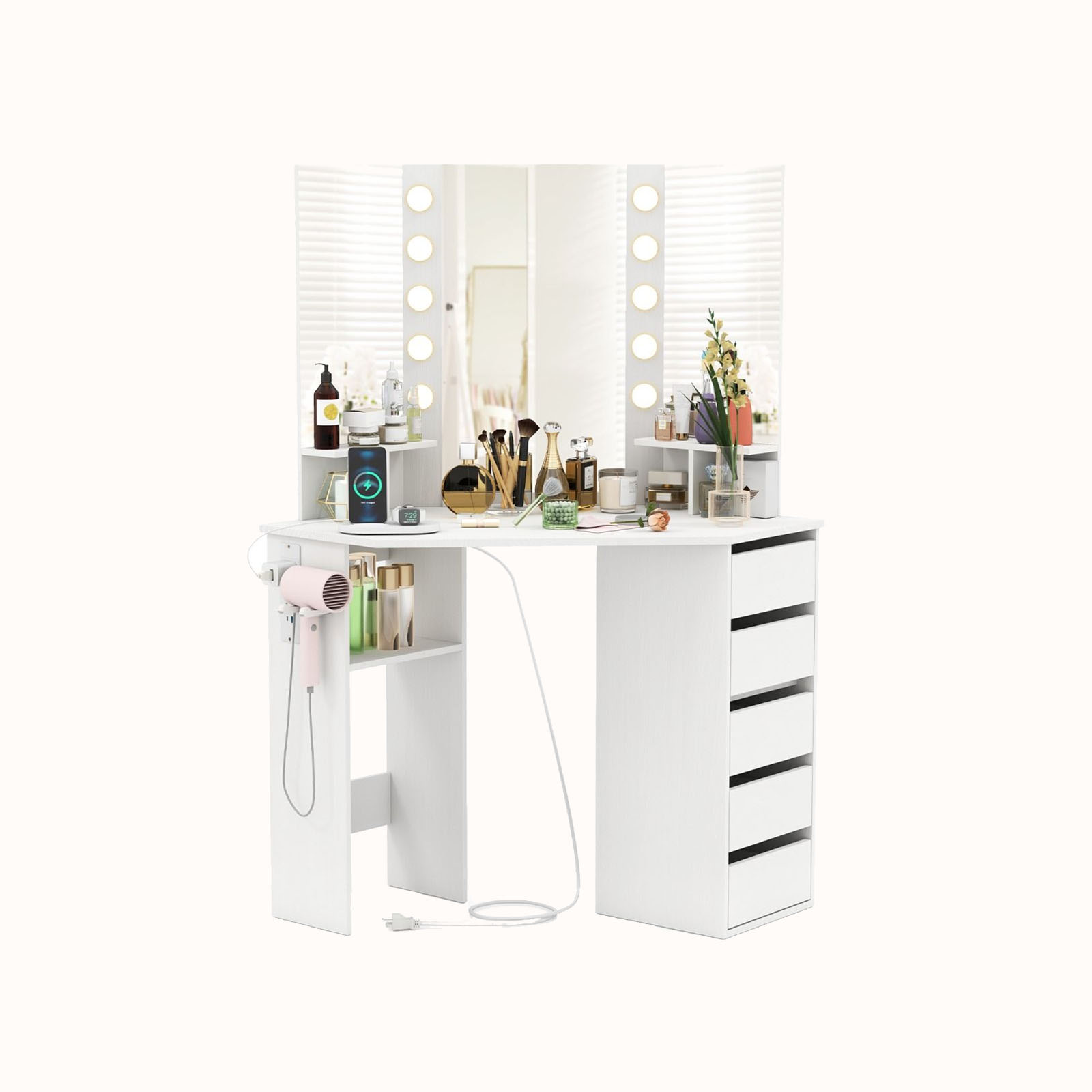 Ellegnt Corner Dressing Table/ Makeup Vanity Desk with Lighted Mirror and Power Outlets