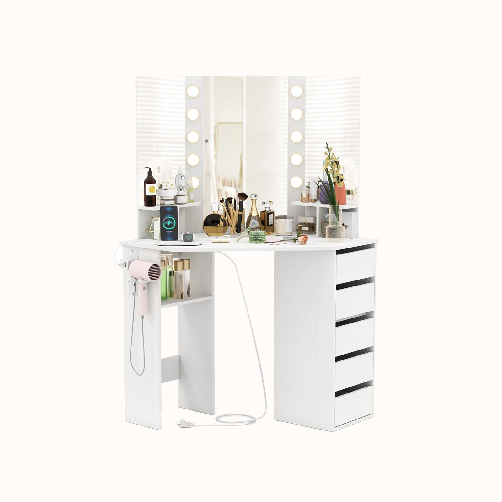 Ellegnt Corner Dressing Table/ Makeup Vanity Desk with Lighted Mirror and Power Outlets