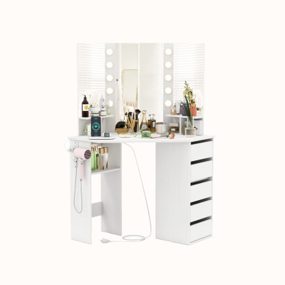 Ellegnt Corner Dressing Table/ Makeup Vanity Desk with Lighted Mirror and Power Outlets