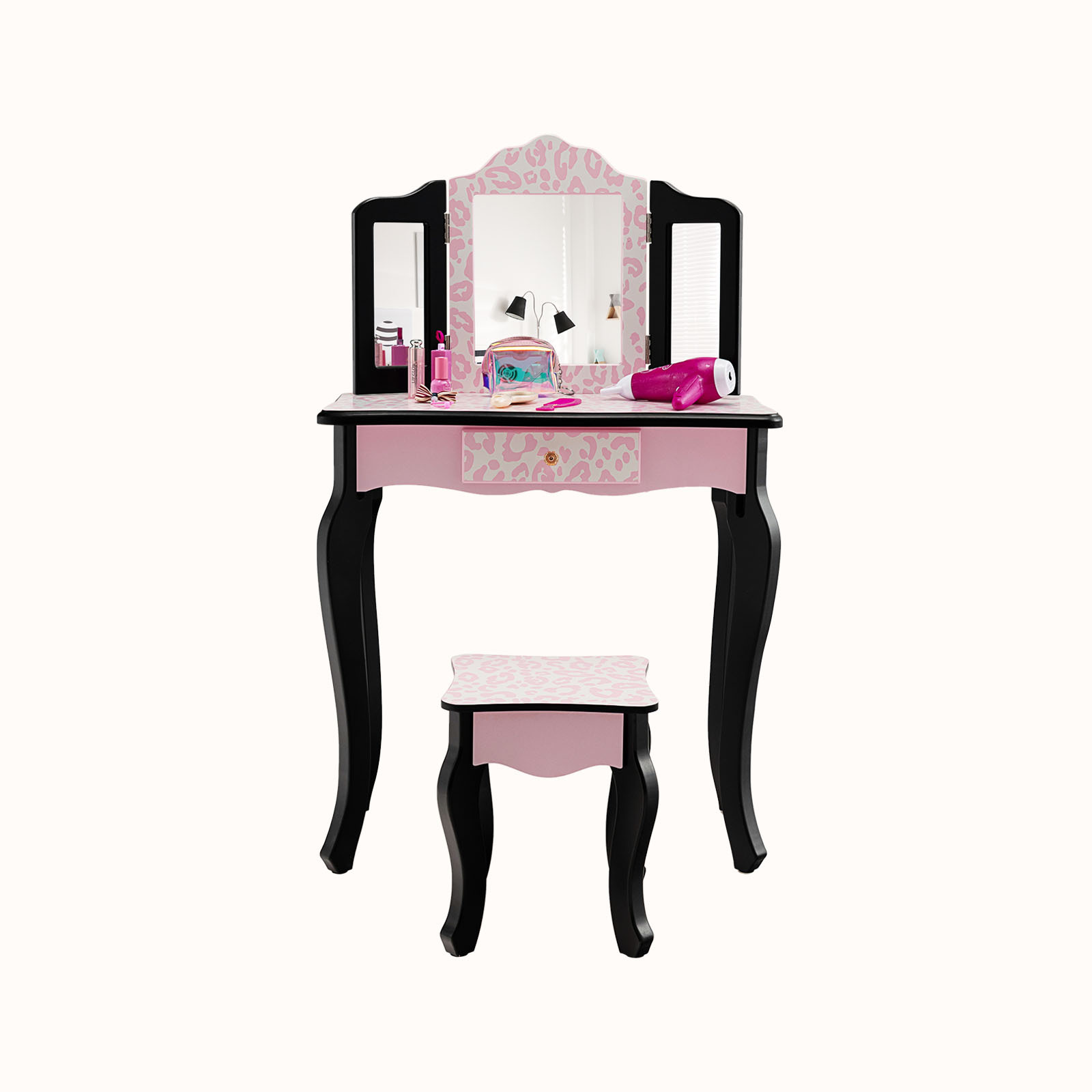 Ellegnt Kids Dressing Table/Vanity Set with Tri-folding Mirror, Drawer and Stool