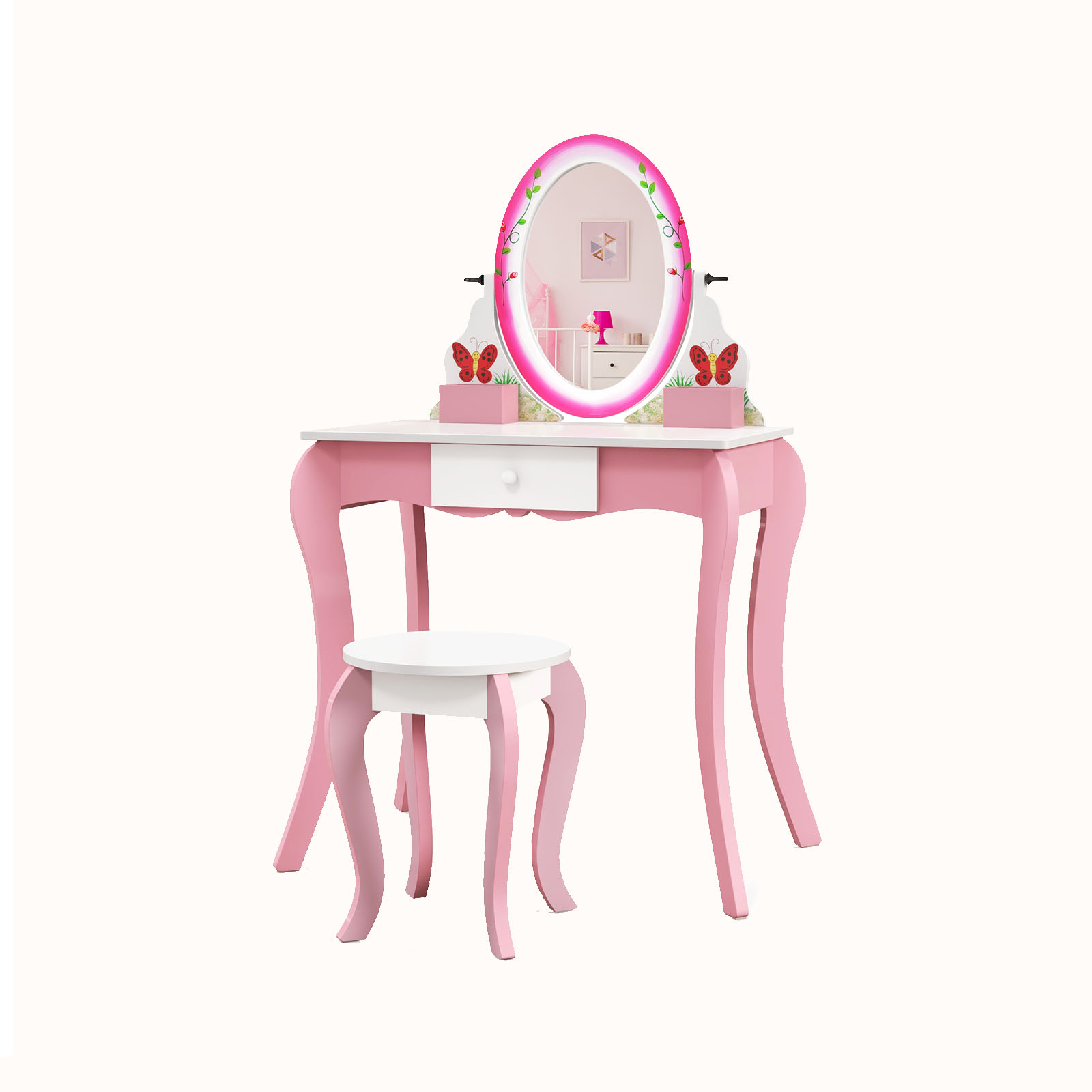 Ellegnt Kids Makeup Dressing Desk Set with 360° Rotating Mirror
