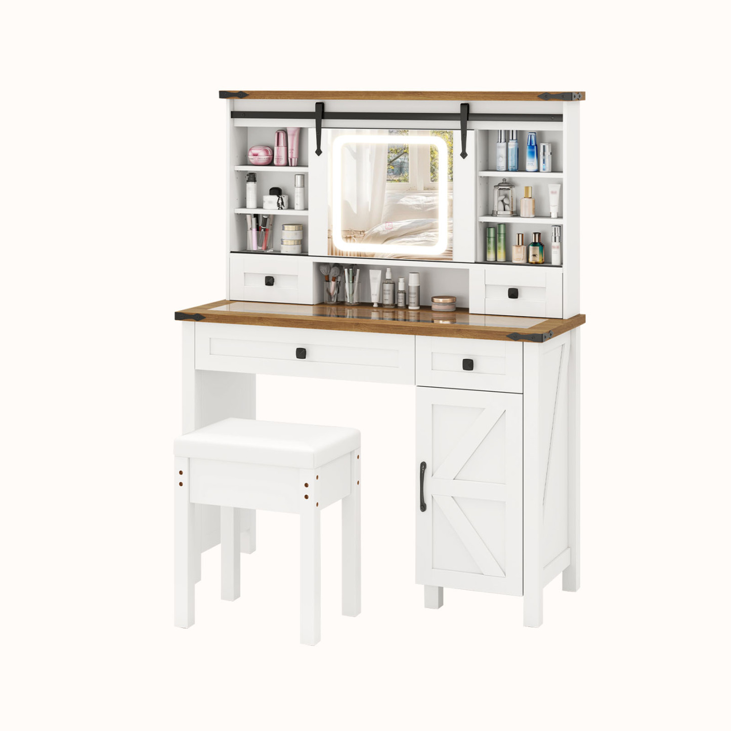 Ellegnt Farmhouse Dressing Table/ Makeup Vanity Desk with Mirror and Lights