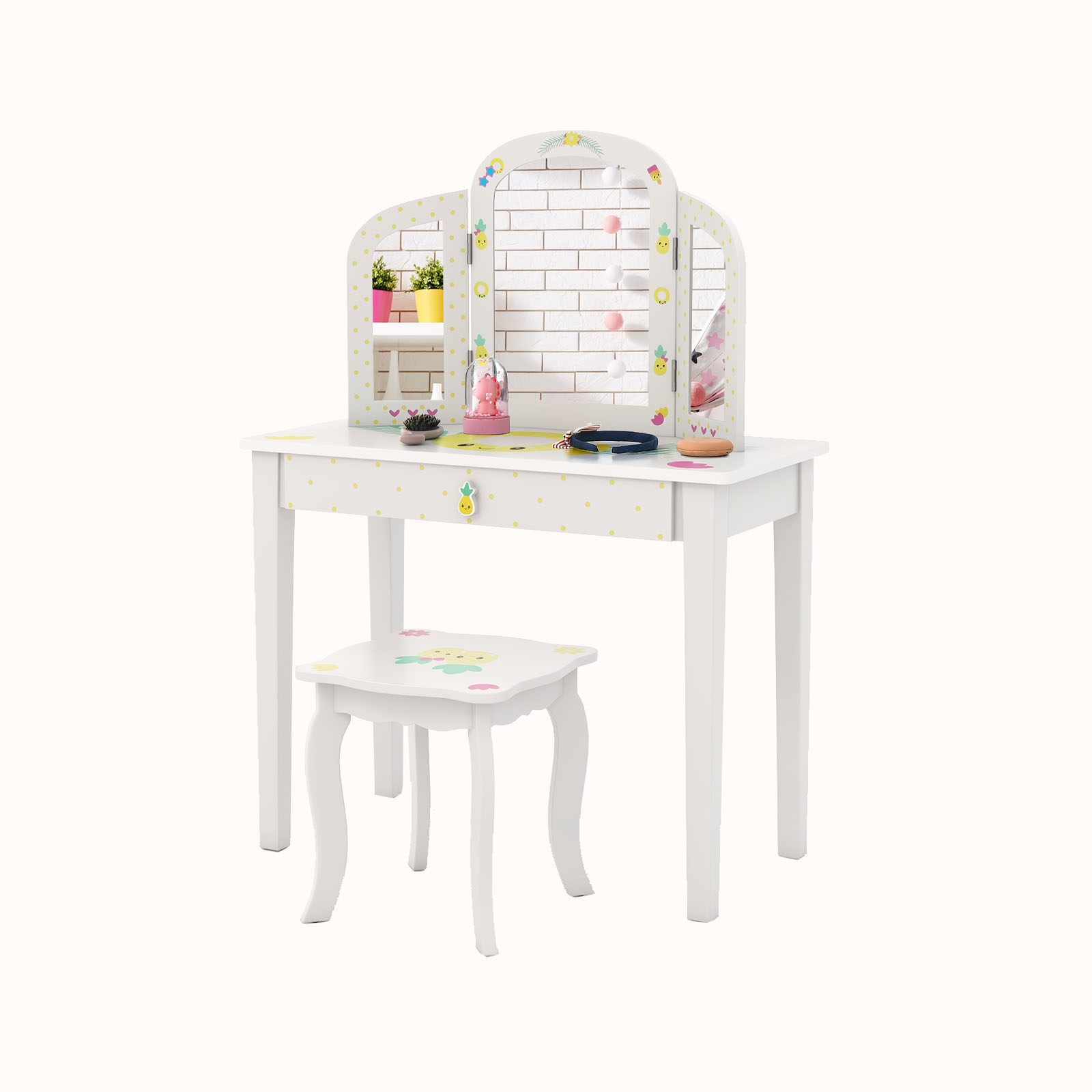 Ellegnt Kids Dressing Table/ Vanity Table and Chair Set with Tri-Folding Mirror for Kids Aged 3+ Years Old