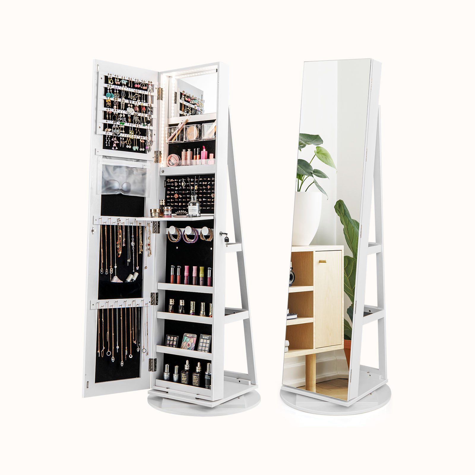 Ellegnt 161CM Jewelry Cabinet with 360° Swivel Full Length Mirror & LED lights, Lockable Standing Jewelry Cabinet Organizer with Large Storage Capacity