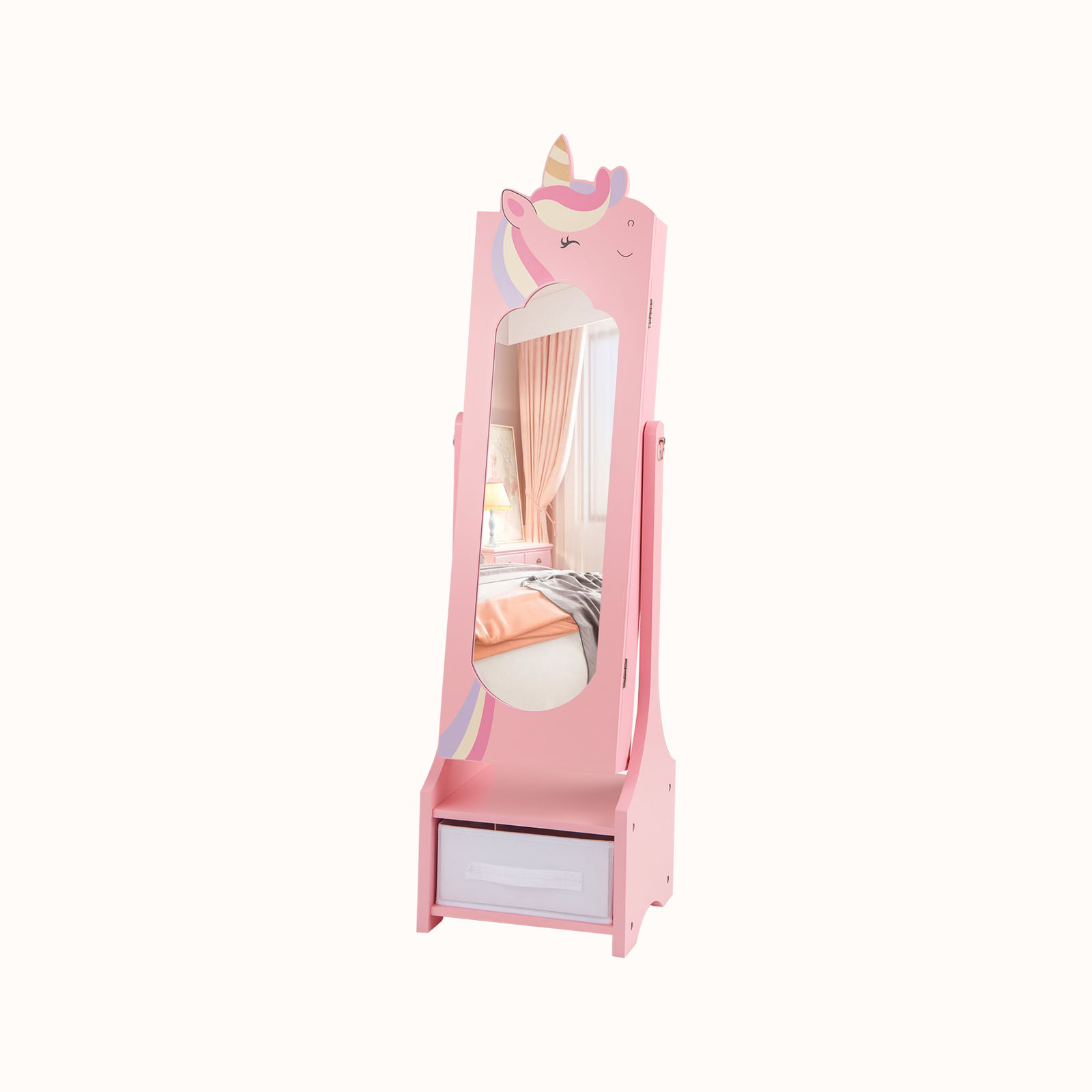 Ellegnt Kids Jewelry Cabinet with Full-Length Mirror and Foldable Drawer