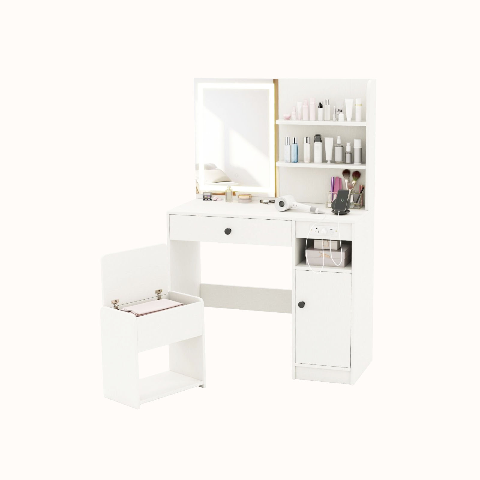 Ellegnt Dressing Table/ Makeup Vanity Desk with Cushioned Storage Stool and 3 Lighting Modes
