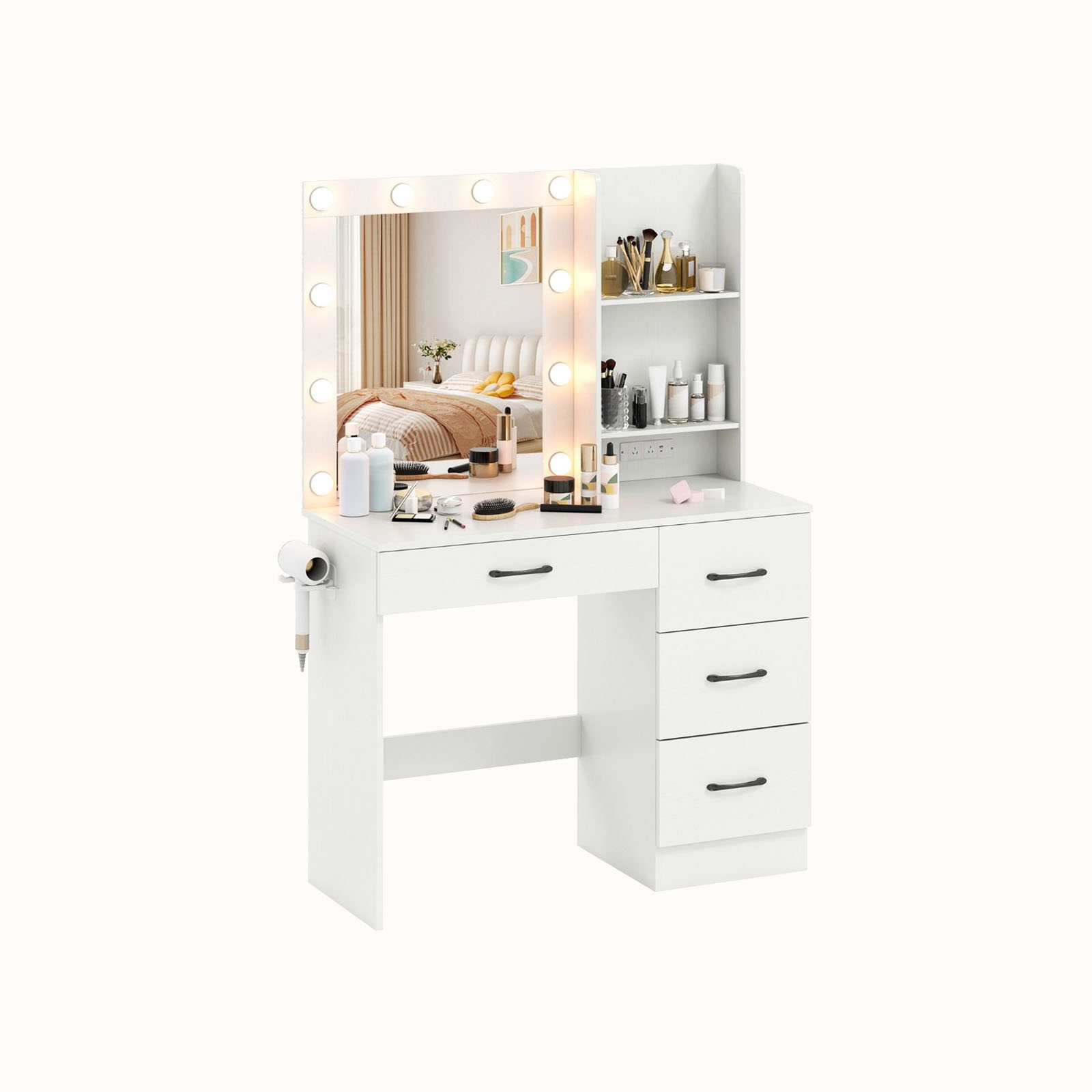Ellegnt Dressing Table/ Makeup Vanity Desk with Mirror and 3-Color LED Lights Charging Station