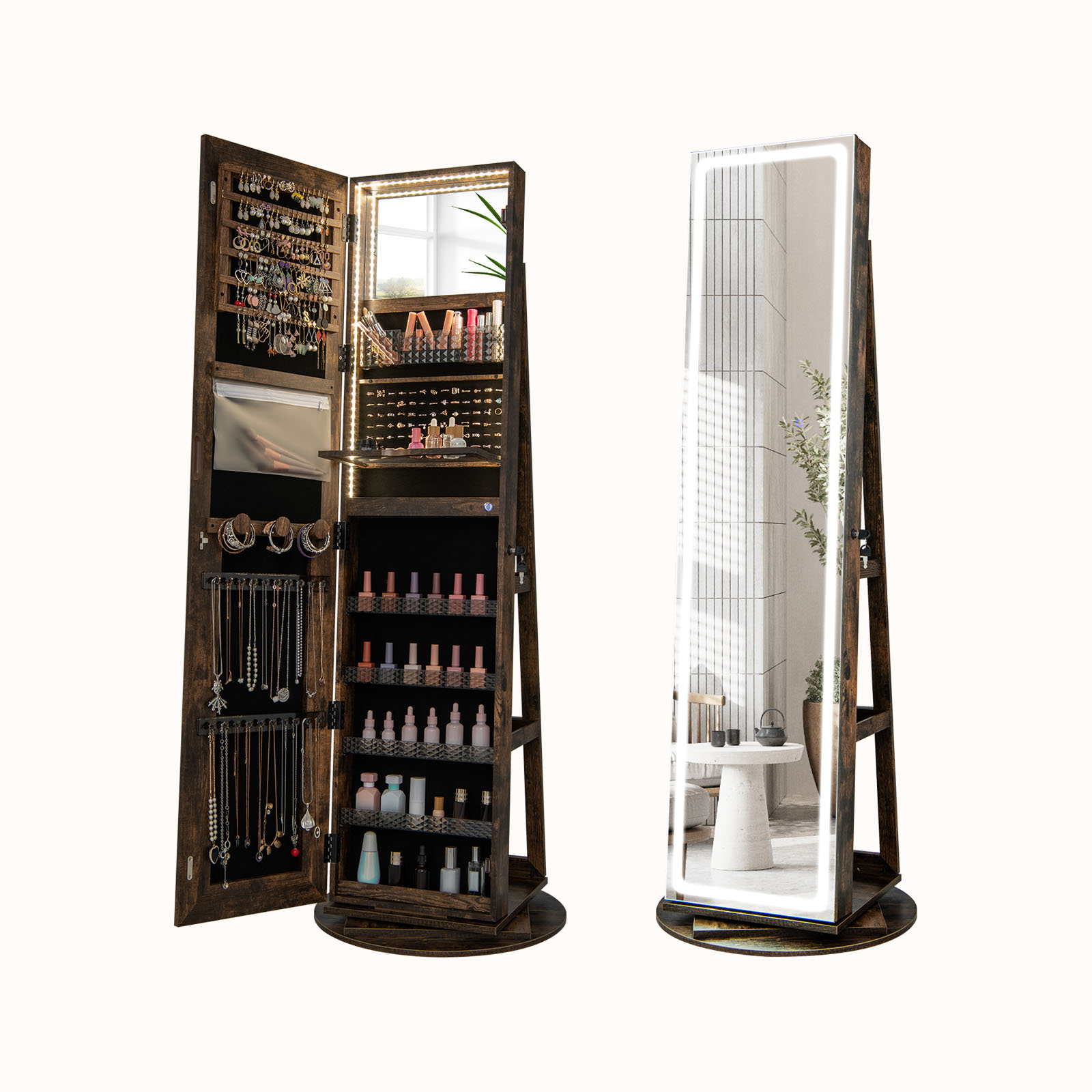 Ellegnt 360° Swivel Jewelry Cabinet with LED Lights and Full Length Mirror