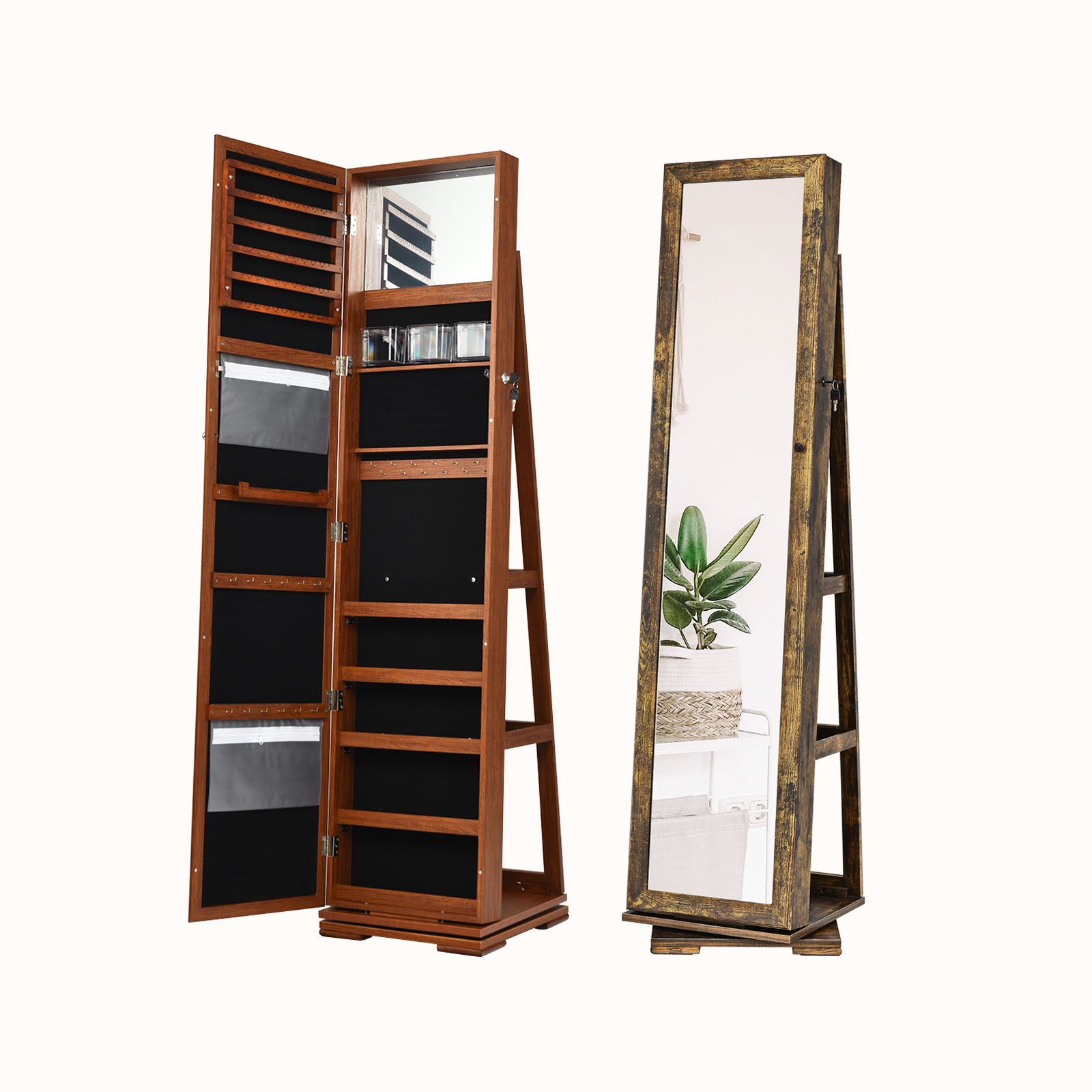 Ellegnt Full Length Mirrored Jewellery Cabinet Rotates 360° with Open Display Shelves, 2-in-1 Lockable Large Capacity Jewelry Organizer