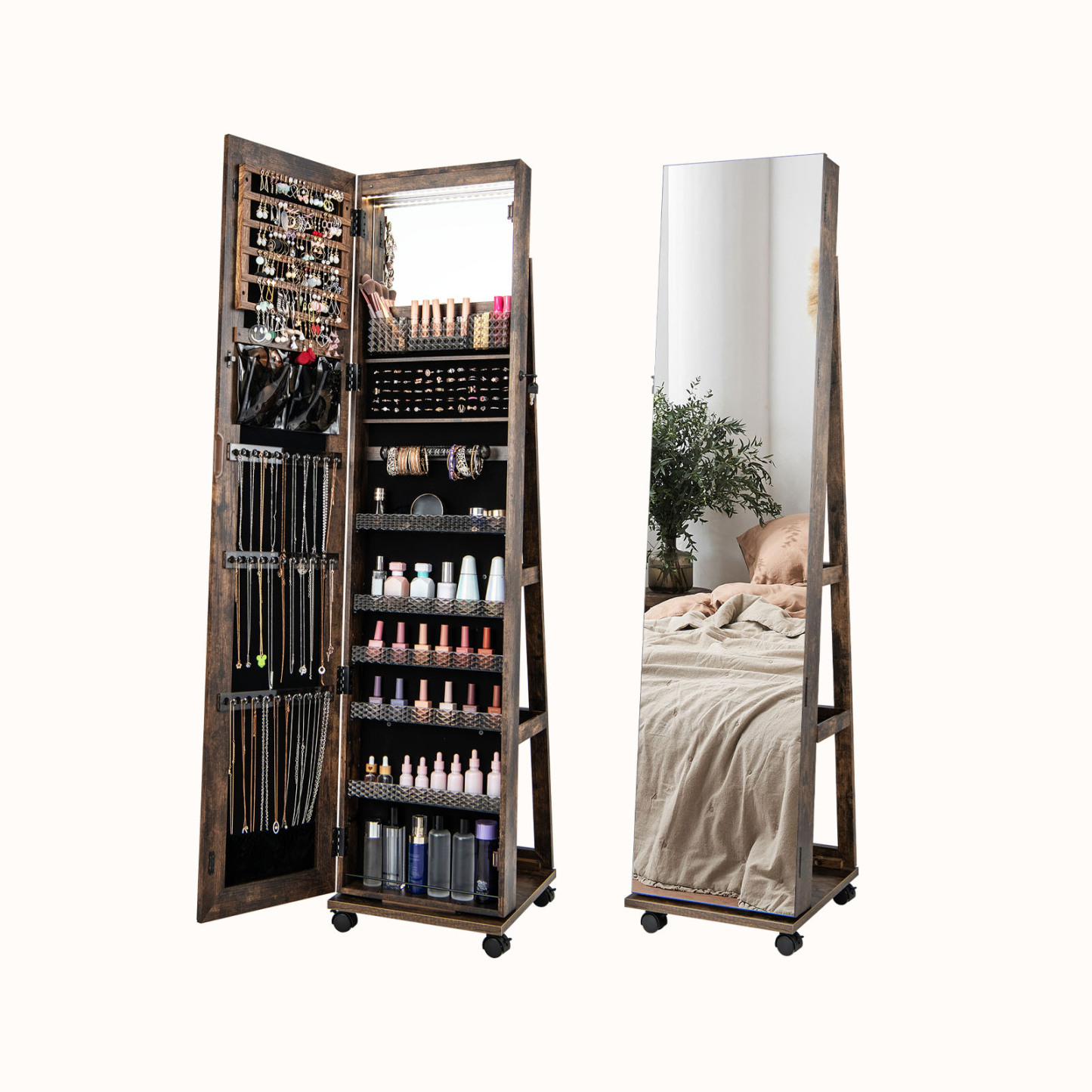 Ellegnt 163 CM Standing Jewelry Organizer with Built-in Makeup Mirror, 3-Color LED Lights, Adjustable Shelves