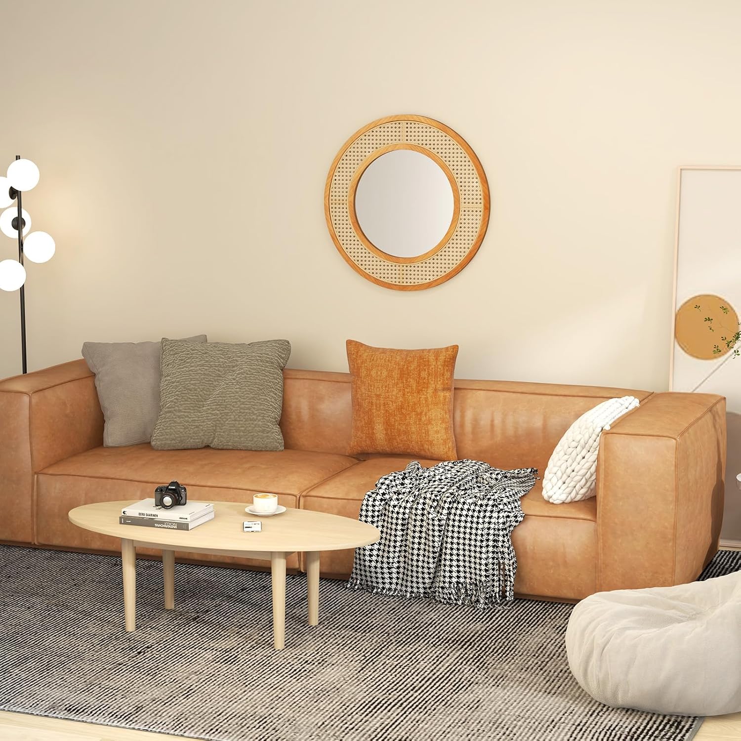 Ellegnt 65cm Rattan Round Wall Mirror with Aluminum Glass Metal Hook and Expansion Screws