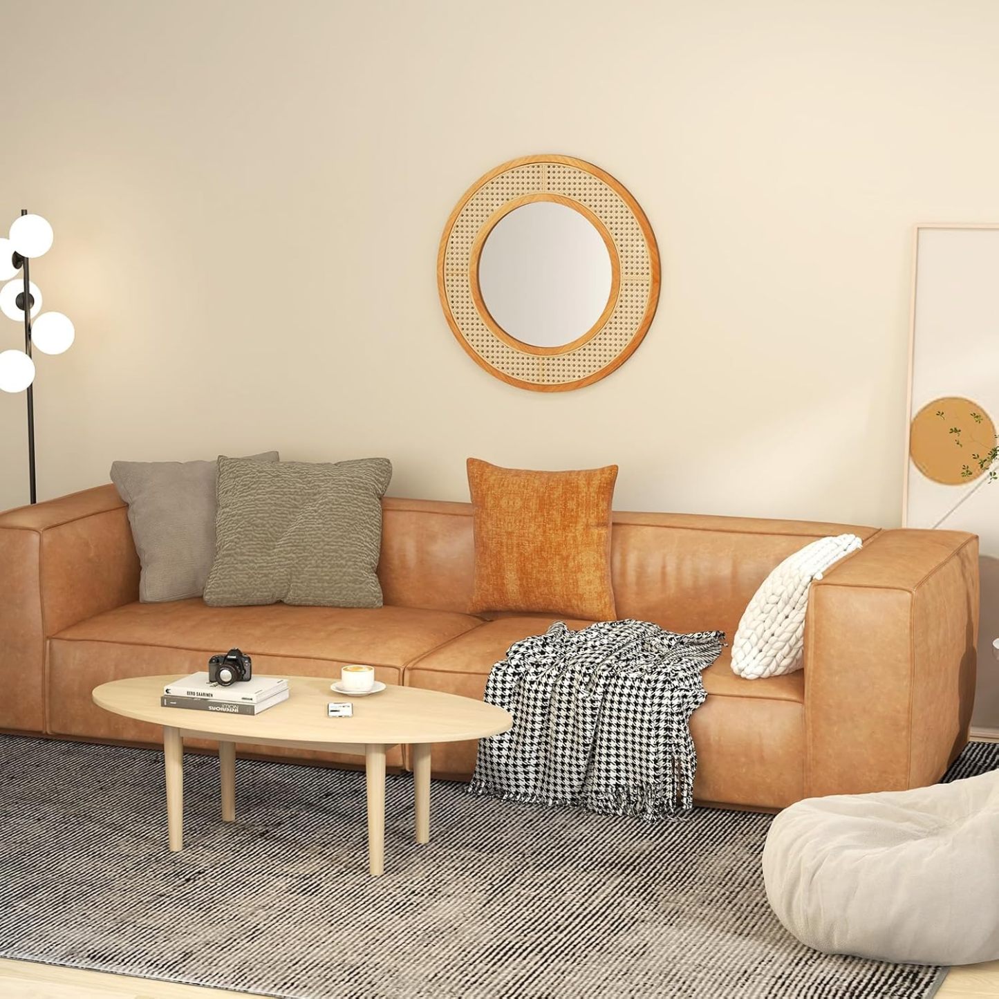 Ellegnt 65cm Rattan Round Wall Mirror with Aluminum Glass Metal Hook and Expansion Screws