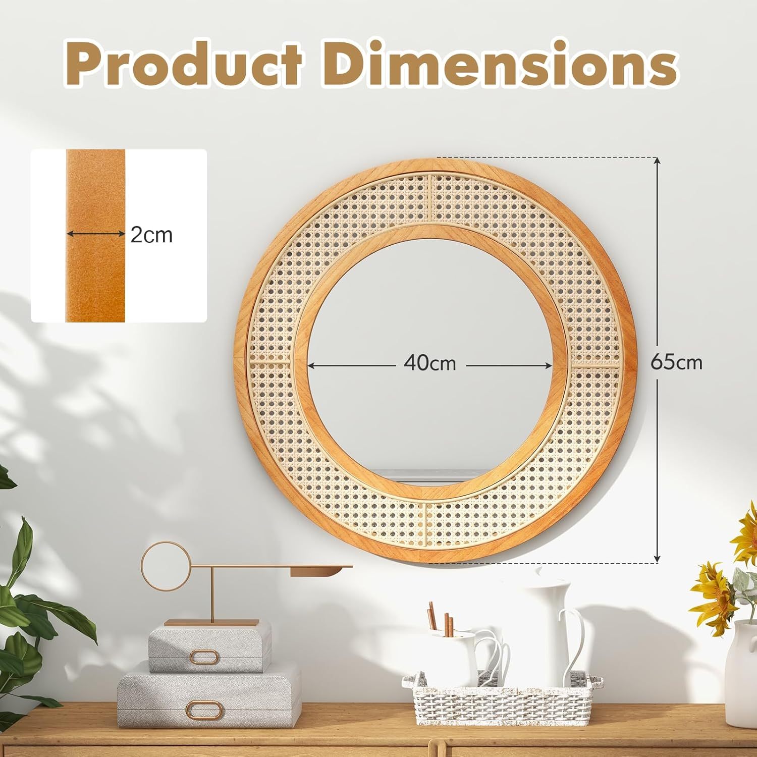 Ellegnt 65cm Rattan Round Wall Mirror with Aluminum Glass Metal Hook and Expansion Screws