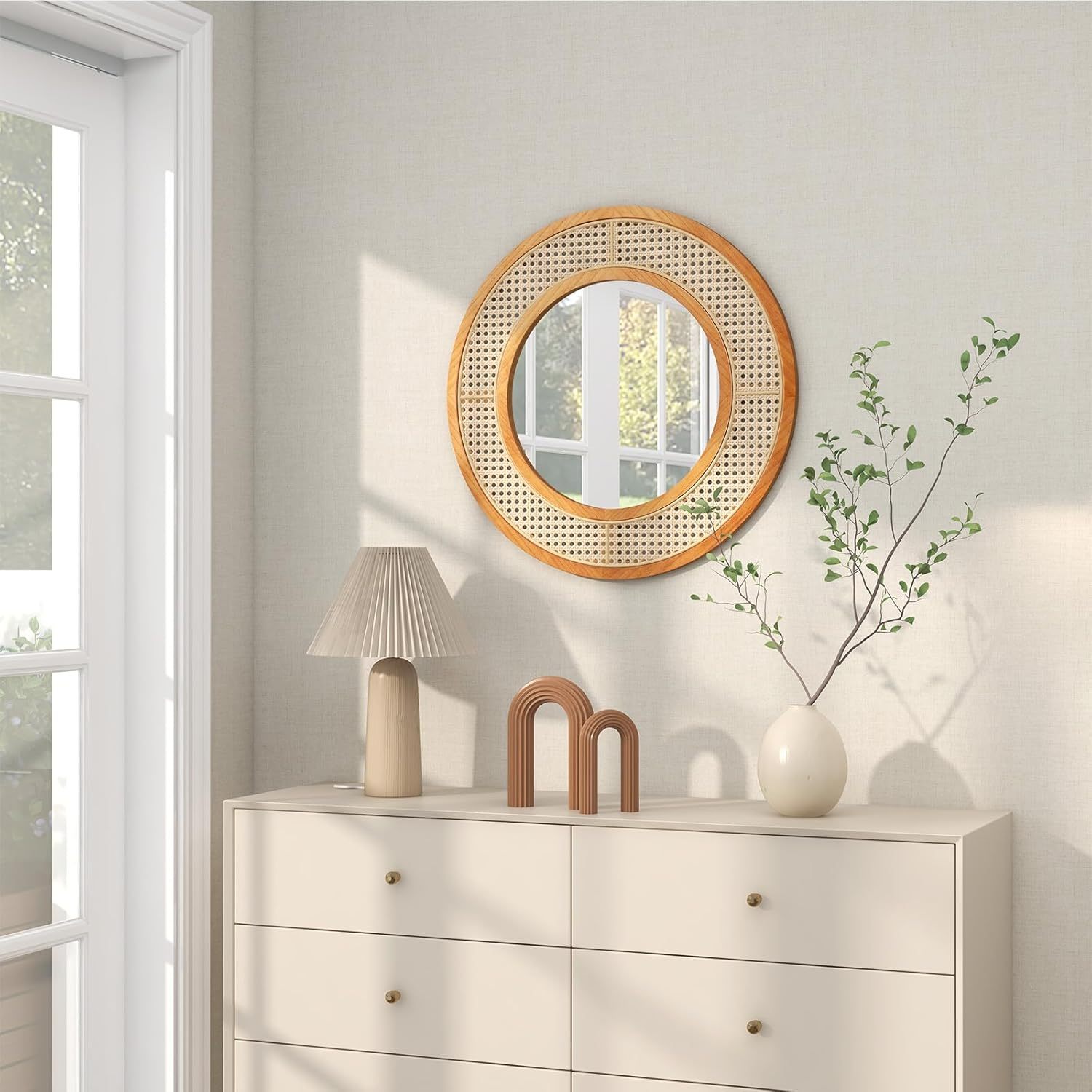 Ellegnt 65cm Rattan Round Wall Mirror with Aluminum Glass Metal Hook and Expansion Screws