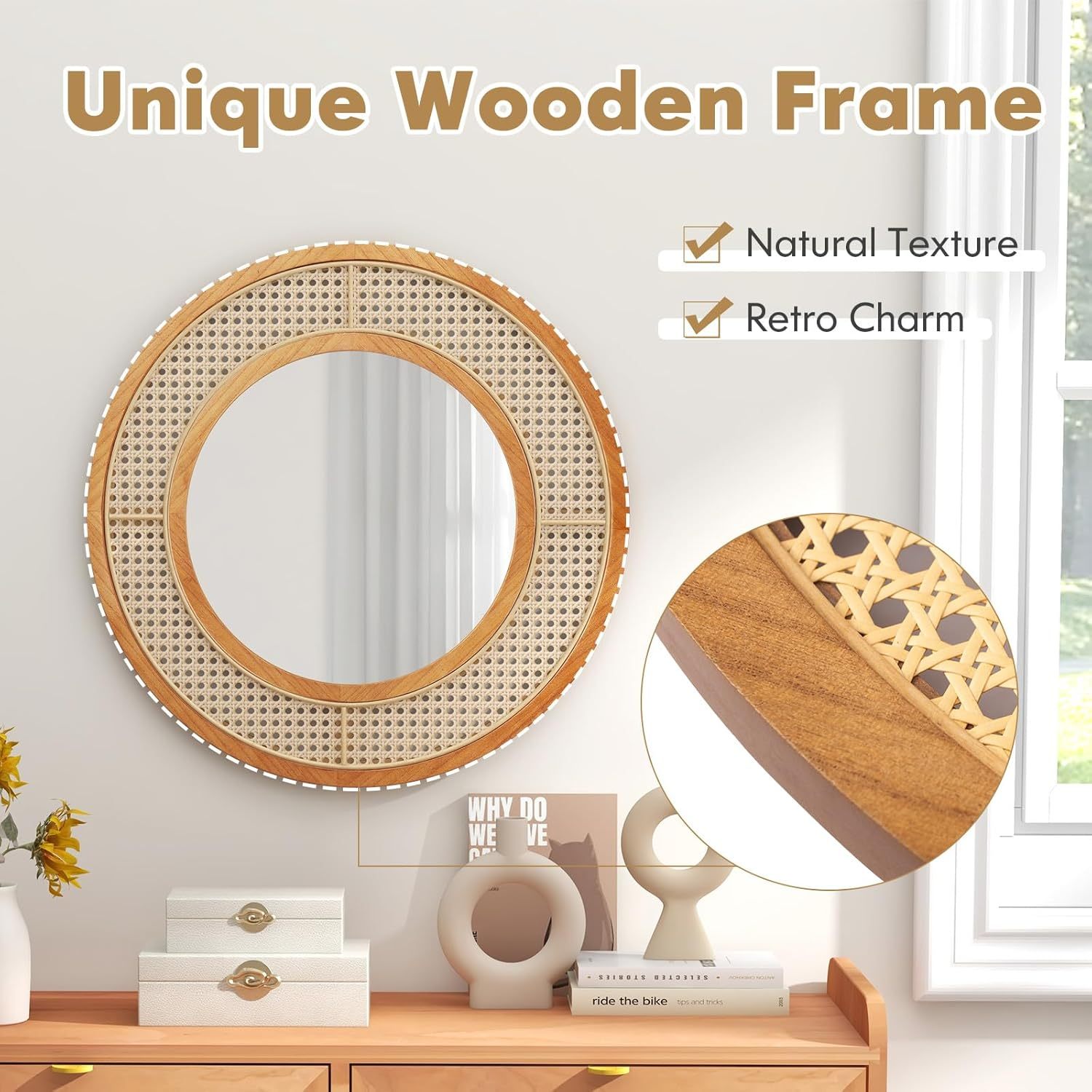 Ellegnt 65cm Rattan Round Wall Mirror with Aluminum Glass Metal Hook and Expansion Screws