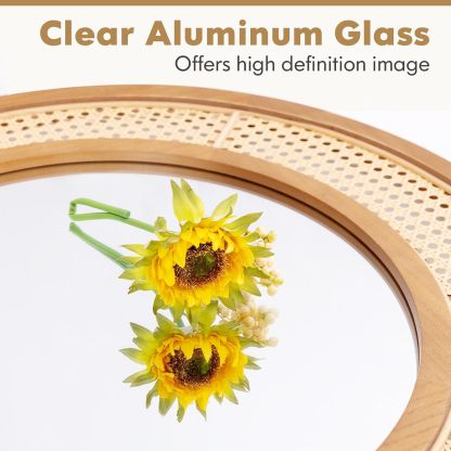 Ellegnt 65cm Rattan Round Wall Mirror with Aluminum Glass Metal Hook and Expansion Screws