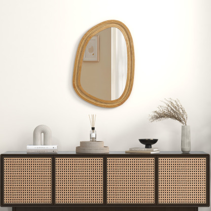 Ellegnt Irregular PVC Rattan Wall Decorative Mirror with Wooden Frame