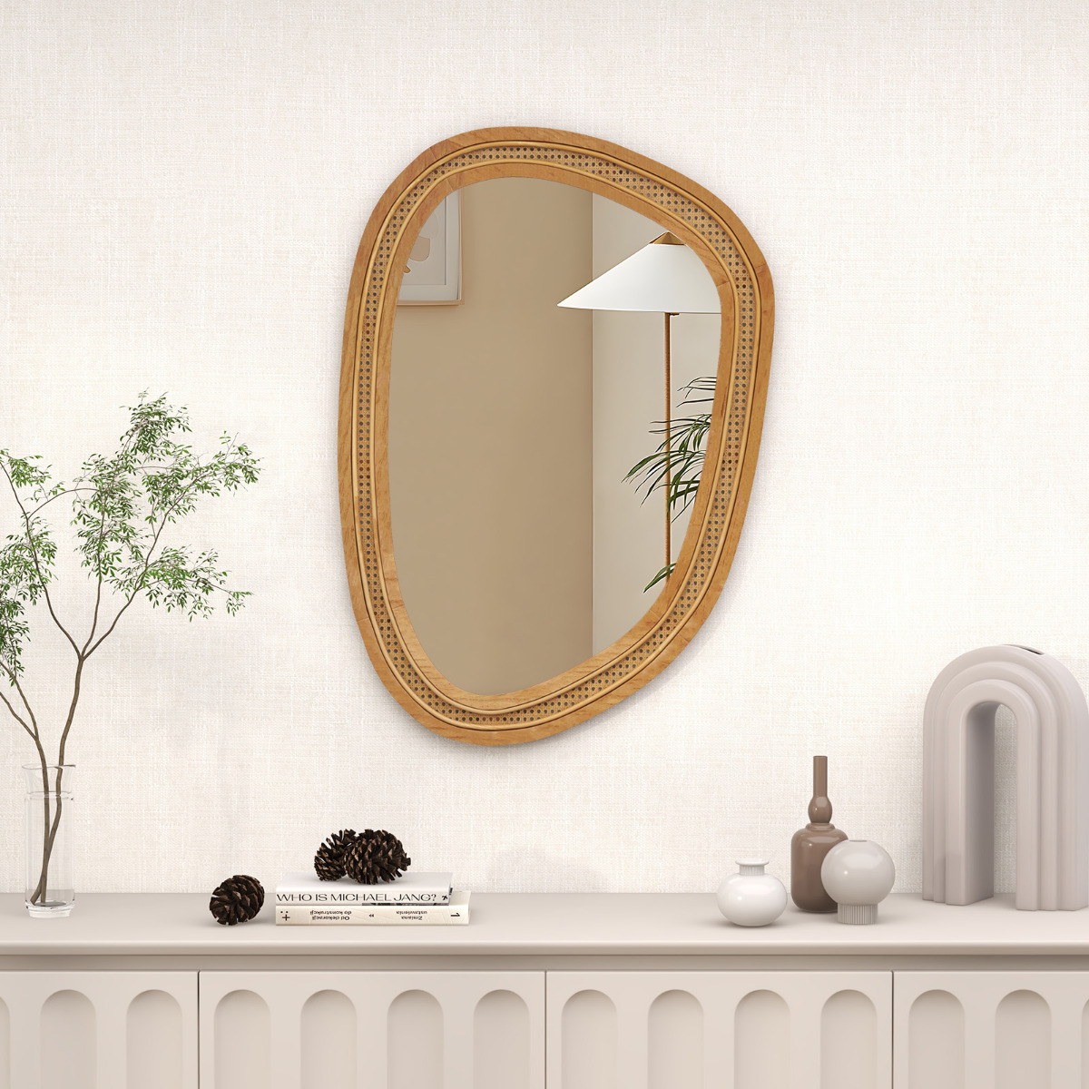Ellegnt Irregular PVC Rattan Wall Decorative Mirror with Wooden Frame