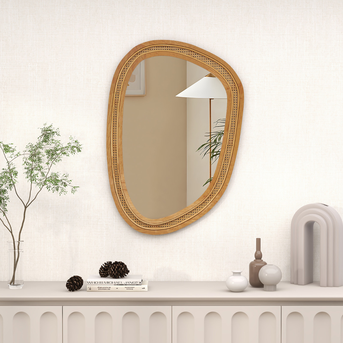 Ellegnt Irregular PVC Rattan Wall Decorative Mirror with Wooden Frame
