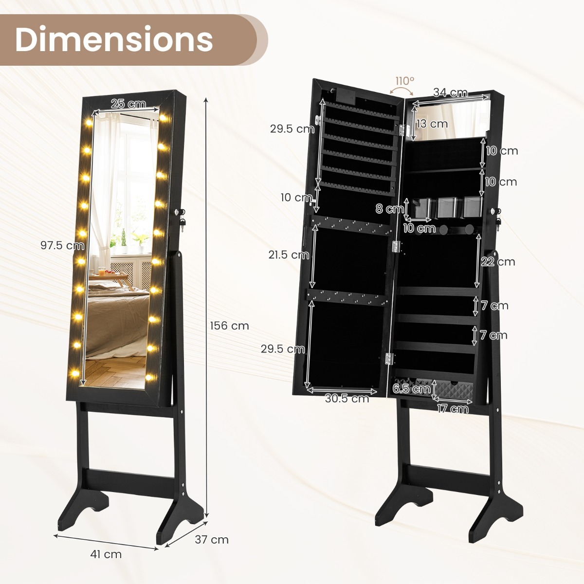 Ellegnt Standing Jewelry Armoire Organizer with Full-Length Mirror